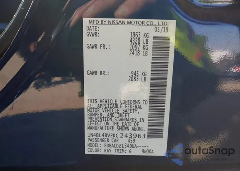 2019 Nissan Altima 2.5 S из США, поврежденный, VIN 1N4BL4BV2KC243963